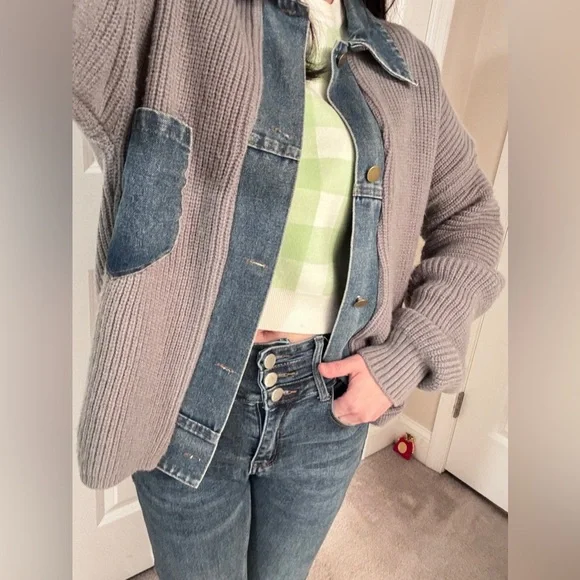 SALE! Chic Upcycled Denim-Collar Cardigan - Picture 2 of 4